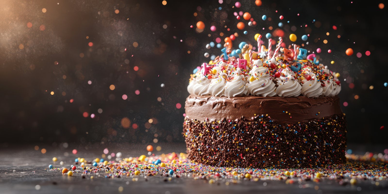 Colorful cake celebration with sprinkles and decorations in a joyful setting